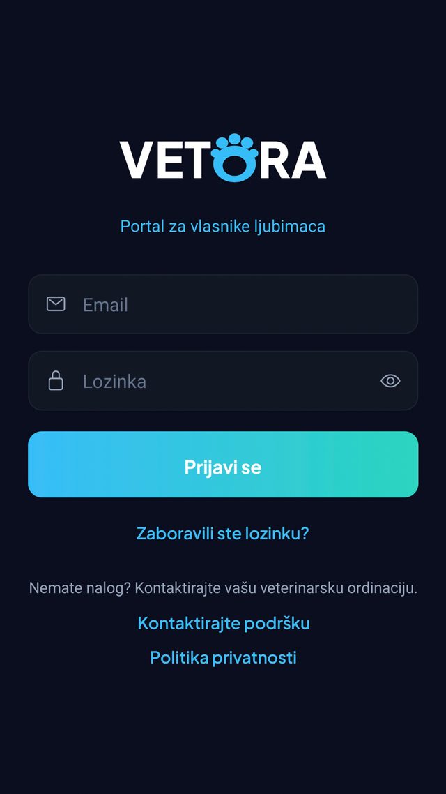 Vetora aplikacija za vlasnike ljubimaca — ekran za prijavu